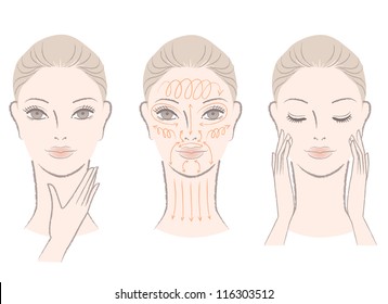 Set of beautiful, elegant woman head massaging her face and neck, showing how to with massage  lines.