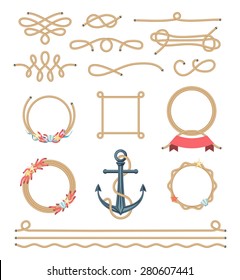 set of beautiful elements made of nautical rope, vector illustration