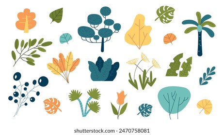 Conjunto de hermosos Elementos de plantas en tonos pastel en estilo de dibujos animados. Ilustración vectorial de plantas coloridas diferentes: árboles, arbustos, ramas, hojas, flores, bayas aisladas sobre un fondo blanco.