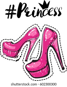 Set of beautiful elements: princess hashtag and pink nude heels. Green natural makeup and accessories stickers and patches collection. Vector fashion illustration in vogue style.