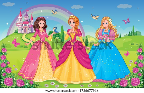 Set beautiful elf princesses. Children's background with castle, rainbow and fabulous flower meadow. Wallpaper for girl. Wonderland. Cartoon illustration. Postcard for friends or family. Vectot. 