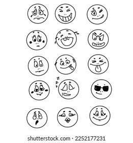A set of beautiful emoticons. hand-drawn faces with emotions. The black line