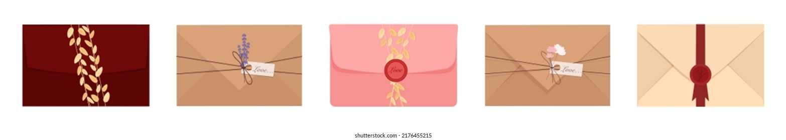 A set of beautiful envelopes for letters. Envelopes for wedding invitations. Set of invitation envelopes. Vector envelopes.