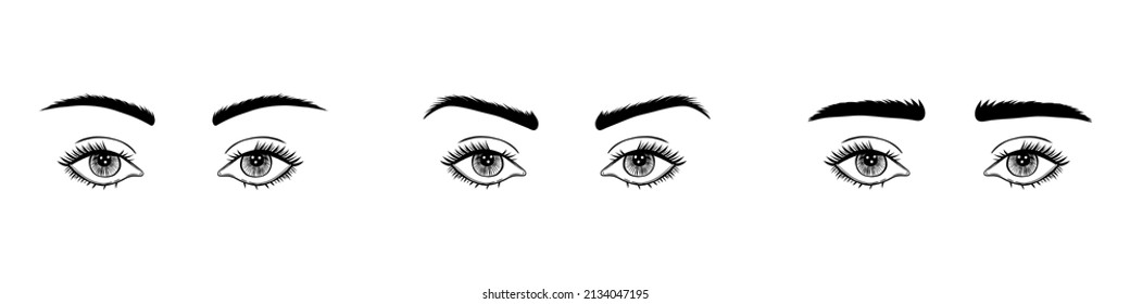 A set of beautiful eyes with different brow shapes. How eyebrows can change the look. Professional waxing and trimming.