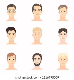 Set of beautiful faces of young men close-up.