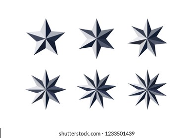 Set of beautiful faceted shiny black paper stars isolated on white. Five, six, seven, eight, nine, ten pointed star isolated on white. Geometric figures. Design elements. EPS 10 vector.