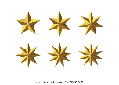 Set of beautiful faceted shiny golden metal stars isolated on white. Five, six, seven, eight, nine, ten pointed star isolated on white. Geometric figures. Design elements. EPS 10 vector.