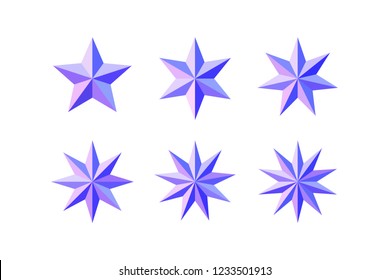 Set of beautiful faceted shiny pink blue stars isolated on white. Five, six, seven, eight, nine, ten pointed star isolated on white. Geometric figures. Design elements. EPS 10 vector.