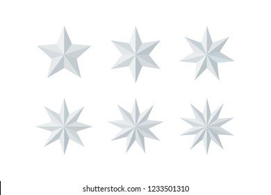 Set Of Beautiful Faceted Shiny White Paper Stars Isolated On White. Five, Six, Seven, Eight, Nine, Ten Pointed Star Isolated On White. Geometric Figures. Design Elements. EPS 10 Vector.