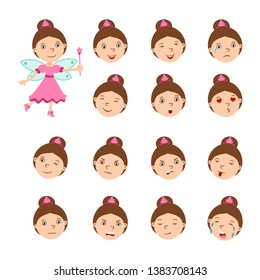 Set of beautiful fairy facial expressions in cartoon style with different emotions isolated on white background.