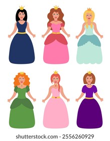 Set of beautiful fairy tale princess on white background. Children illustration. Vector Flat.