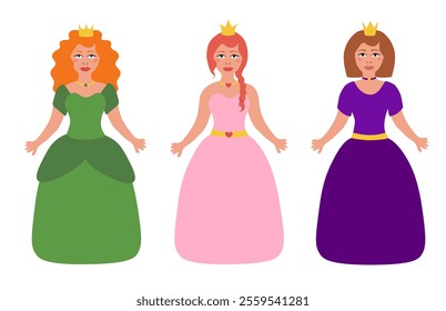 Set of beautiful fairy tale princess on white background. Children illustration. Vector Flat.