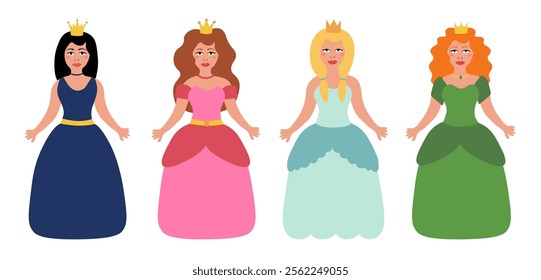 Set of beautiful fairy tale princess on white background. Children illustration. Vector Flat.