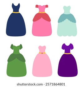 Set of beautiful fairy tale princess dresses on white background. Children illustration. Vector Flat.