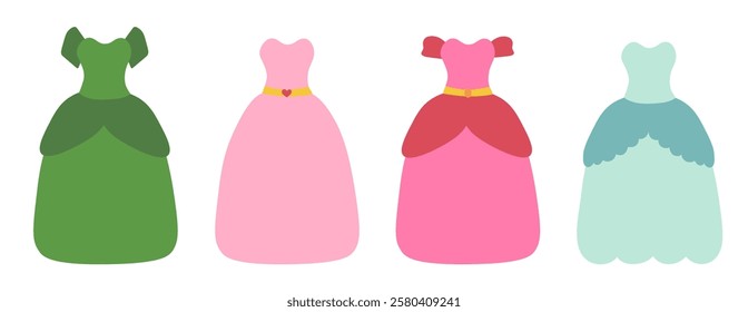 Set of beautiful fairy tale princess dresses on white background. Children illustration. Vector Flat.