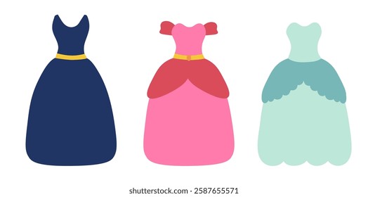 Set of beautiful fairy tale princess dresses on white background. Children illustration. Vector Flat.