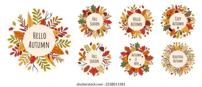 Set beautiful fall round frames with different colorful leaves, pumpkins, mushrooms and autumnal quotes. Trendy templates in flat style