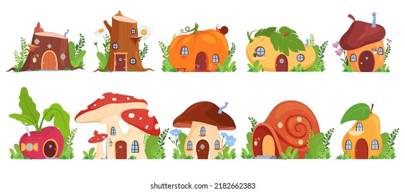 Un conjunto de hermosas casas de fantasía. Ilustración de casas de cuento de hadas para niños. Vivienda para personajes de ficción. Ilustración del vector