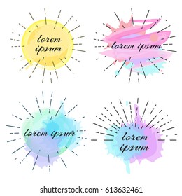 Set of beautiful fashion logos with watercolor splashes and retro sun burst. Will be fine for business cards, banners, posters etc.
