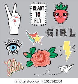 Set of beautiful fashion trendy patches for girl. Kawaii strawberry in anime manga style, rose embroidery, sketch shevron, lettering oh yeah badge in cartoon 80s-90s comic style. Vector illustration