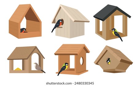 Set of beautiful feeders with birds in cartoon style. Vector illustration of wooden feeders of different shapes and sizes, with feed isolated on a white background. Feeders for tit, bullfinch.