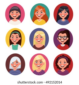 Set of beautiful female avatars with different hairstyles. Vector illustration