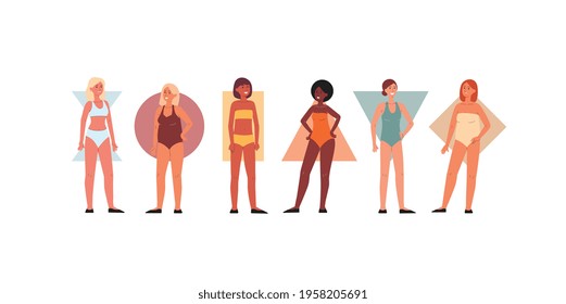 A set of beautiful female characters with different body shape types. Group young women with various types of figures. Flat cartoon vector illustration isolated on white background