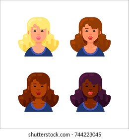 Set of a beautiful female characters on white background. Different girls avatar. Cute girls heads with different hair and skin colors. Vector illustration in a flat style.