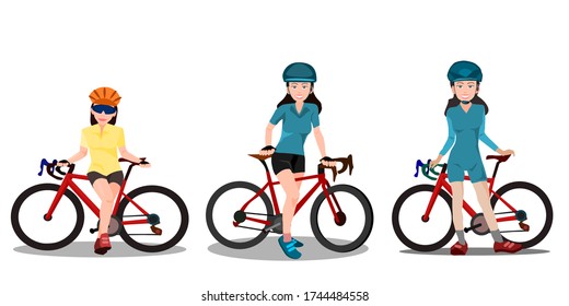 Set Of Beautiful Female Cyclists Wearing Standing Cycling Suits With Road Bike.Isolated On White. Bicycle On White.