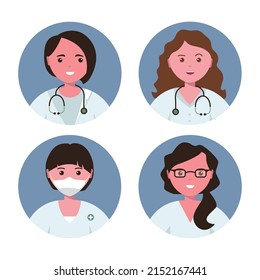 Set of Beautiful Female Doctors. Avatar for Medicine Design. Flat color Cartoon style.