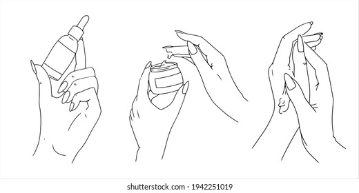 Set of Beautiful female hands with manicure. Nail polish. Hand and nail care. Hand drawn by lines. Vector illustration isolated on white background.