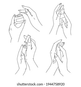 Set of Beautiful female hands with manicure. Nail polish. Hand and nail care. Hand drawn by lines. Vector illustration isolated on white background.