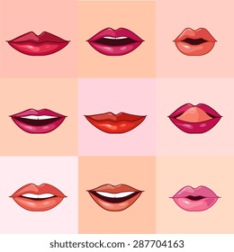 Set of beautiful female lips with different makeup. Vector illustration.