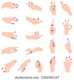 Set of beautiful female manicured hands. Collection of elegant arms with wrists and fingers. Different signals and gesturing expression. Finger pointing and gestures. Non-verbal language.