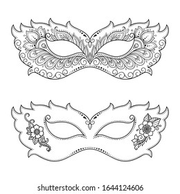 Set of beautiful festival masks for celebrating Halloween, New year, Brazilian or Venetian carnival, Mardi Gras or a party. Elements of women's holiday costume. Isolated outline with floral pattern.