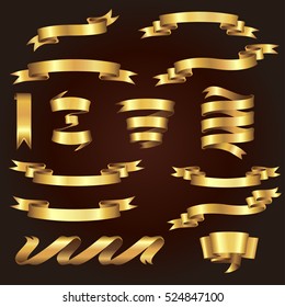 Set of beautiful festive gold ribbons. Gold glossy ribbon banners set.
