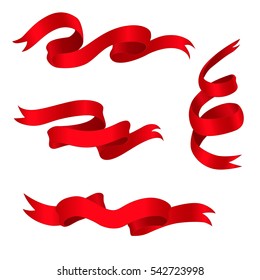 Set of beautiful festive red ribbons. Red glossy ribbon banners set.