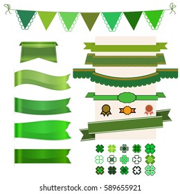Set of beautiful festive ribbons in green shades for Happy St Patrick's Day. Green ribbon banners, flags and icons clover for Patricks Day. Clipart. - Stock Vector