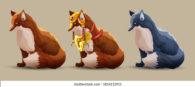 Set with a beautiful fighting foxes sits. A fox in beautiful golden armor, simple fox and dark fox. Fantasy animals. The wise fox looks ahead. Vector Cartoon character isolated