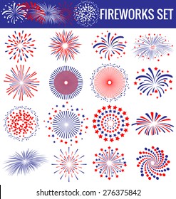 Set Of Beautiful Fireworks For Independence Day USA