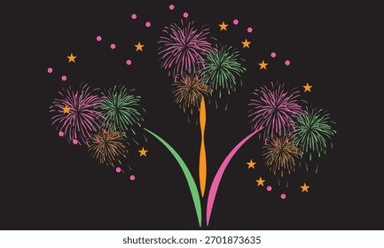 Conjunto de hermosos fuegos artificiales, Ilustración vectorial, iconos aislados sobre fondo azul oscuro. Tarjeta de feliz año Nuevo, cartel, Anuncio. Diseño lineal plano simple