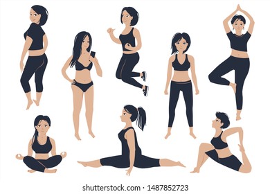 Set of beautiful fit girls posing and exercising yoga