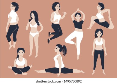 Set of beautiful fit girls posing and exercising yoga