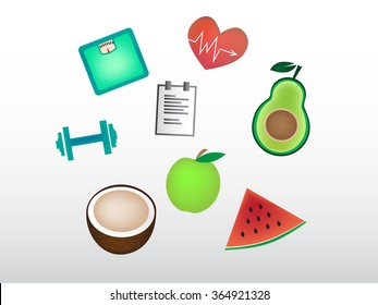 Set of beautiful fitness icons of fruit and fitness things