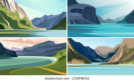 Set of beautiful fjord landscapes. Nature sceneries with mountains and water.