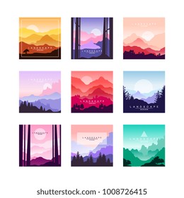 Set of beautiful flat cartoon landscapes with mountains, hills and forest. Natural theme. Vector collection of nature backgrounds with gradients.