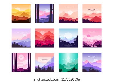 Set of beautiful flat cartoon landscapes with mountains, hills and forest. Natural theme. Vector collection of nature backgrounds with gradients.