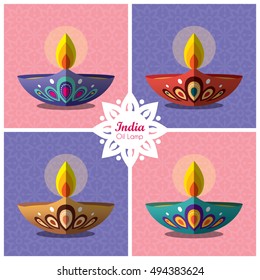 Set of beautiful flat design burning diya (india oil lamp) with decorative pattern background. Diwali or Deepavali oil lamp collection. Festival of Lights icon vector illustration. 