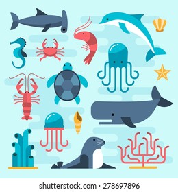 set of beautiful flat sea life, vector illustration