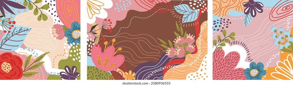  Set of beautiful floral backgrounds.Abstract floral pattern with flowers, leaves. Unique trendy colorful colorful colorful colorful background in neutral warm tones. Vector illustration